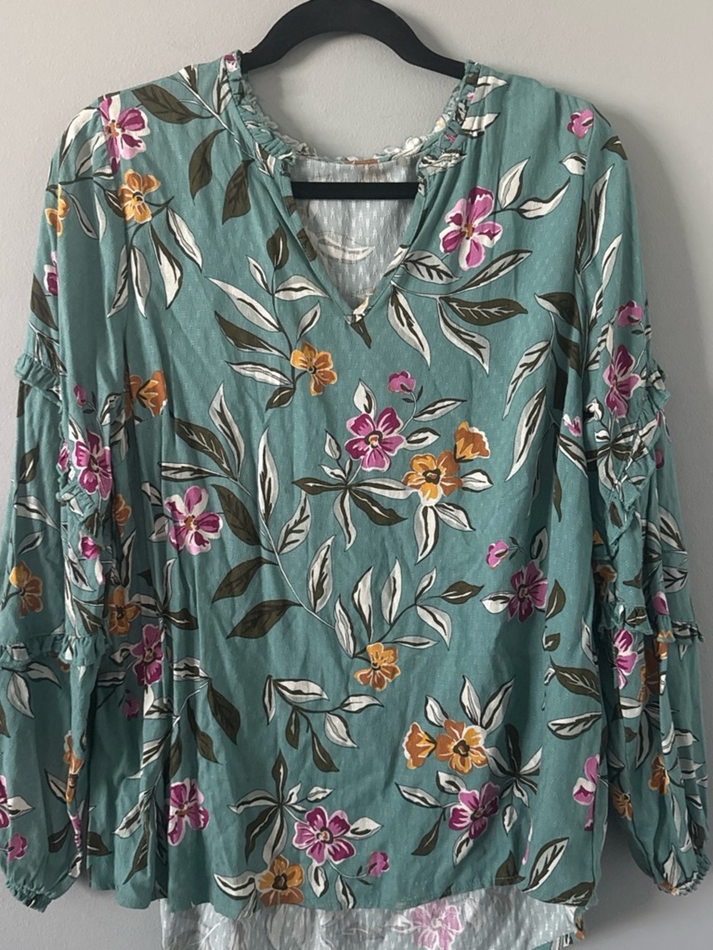 Floral V-Neck Long Sleeve Blouse - Teal